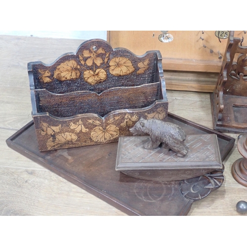 380 - A Bagatelle Board, a Black Forest style Ink Blotter, a carved wood letter Rack and Card Case, a deco... 