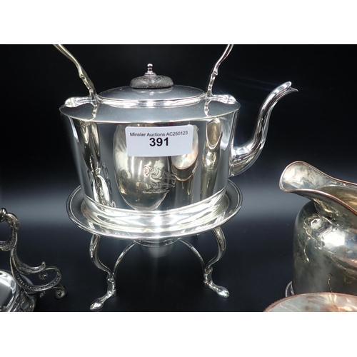 391 - Plated Items including an Egg Coddler with bird finial, a Teapot on oval stand with spirit burner, a... 