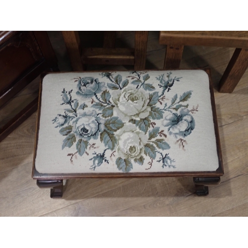 43 - An oak Box Stool, a mahogany Stool with tapestry cover and two oak Stools