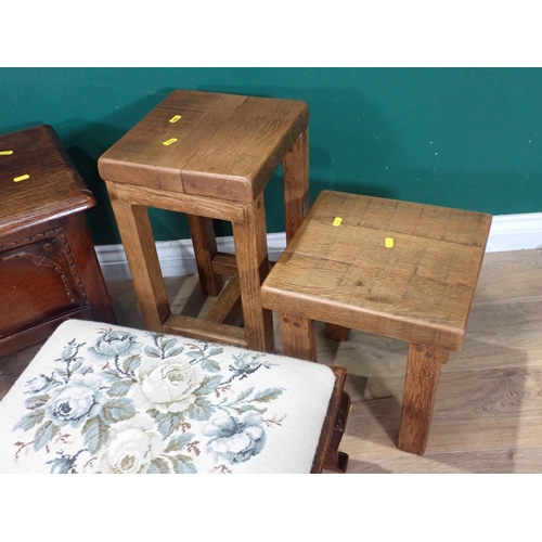 43 - An oak Box Stool, a mahogany Stool with tapestry cover and two oak Stools