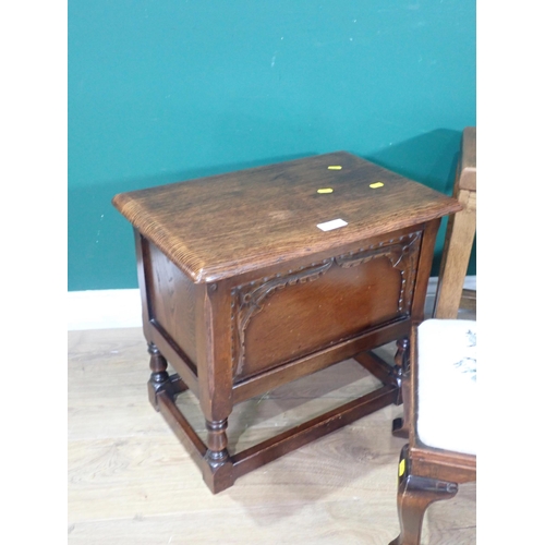 43 - An oak Box Stool, a mahogany Stool with tapestry cover and two oak Stools