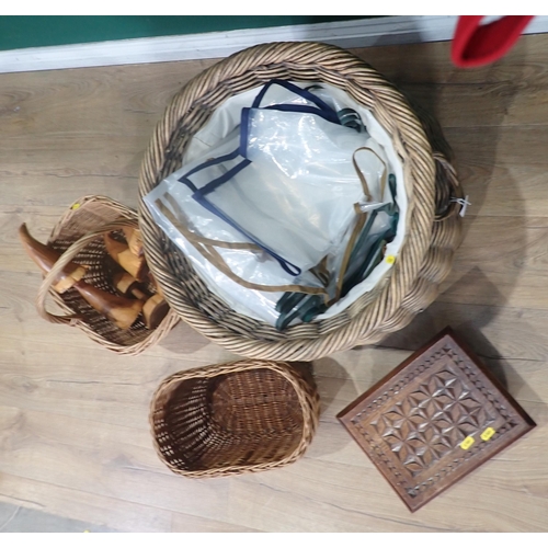 46 - A wicker Linen Basket, two Baskets, four carved Toadstools and a Stool