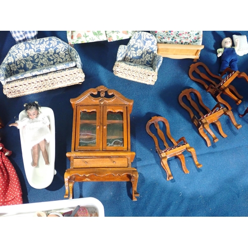 463 - A box of Doll's House Furniture, Dinnerware and Cutlery including Dresser, Sofa, Bed, etc.