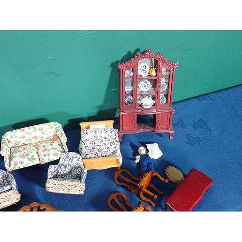 463 - A box of Doll's House Furniture, Dinnerware and Cutlery including Dresser, Sofa, Bed, etc.