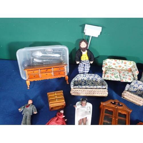 463 - A box of Doll's House Furniture, Dinnerware and Cutlery including Dresser, Sofa, Bed, etc.