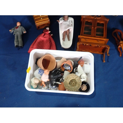 463 - A box of Doll's House Furniture, Dinnerware and Cutlery including Dresser, Sofa, Bed, etc.