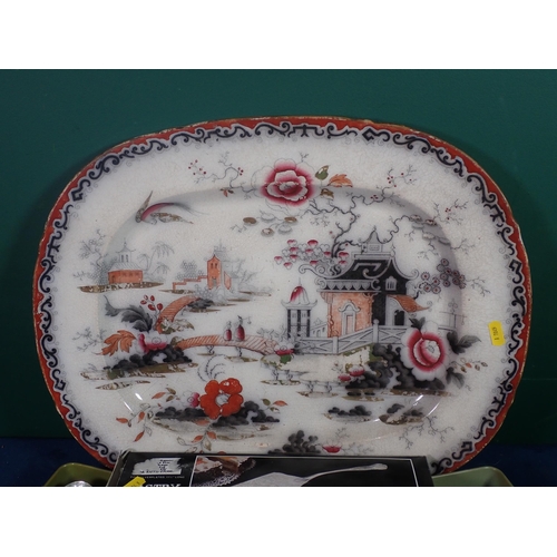 478 - A Victorian transfer decorated Meat Plate, a black Bowler Hat and various plated Cutlery