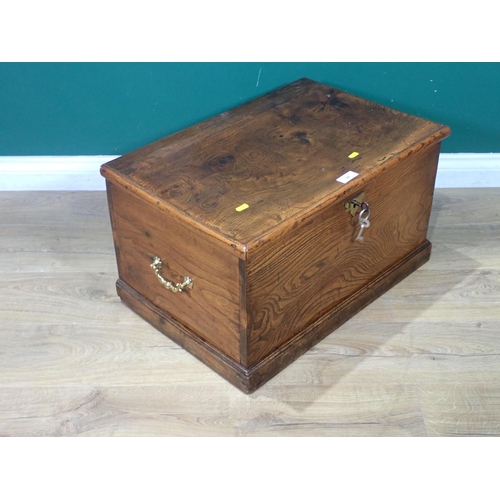 49 - An antique elm Blanket Chest with two brass handles on plinth base 2ft 1in W x 1ft 2in H