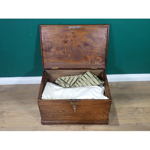 49 - An antique elm Blanket Chest with two brass handles on plinth base 2ft 1in W x 1ft 2in H