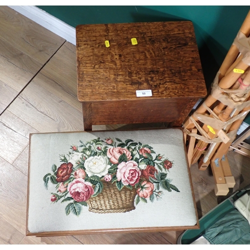 50 - An oak Sewing Box, a Bernina Sewing Machine, Box Stool, circular Stool with blue tapestry seat and a... 