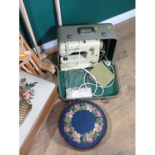 50 - An oak Sewing Box, a Bernina Sewing Machine, Box Stool, circular Stool with blue tapestry seat and a... 