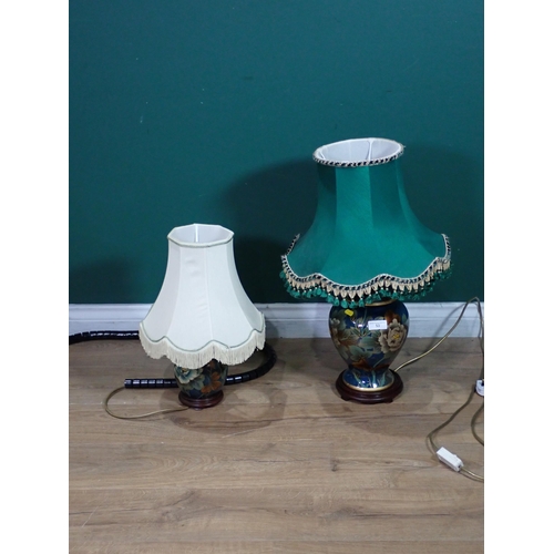 53 - Two Table Lamps and shades with floral design on blue ground, failed PAT, loose fittings