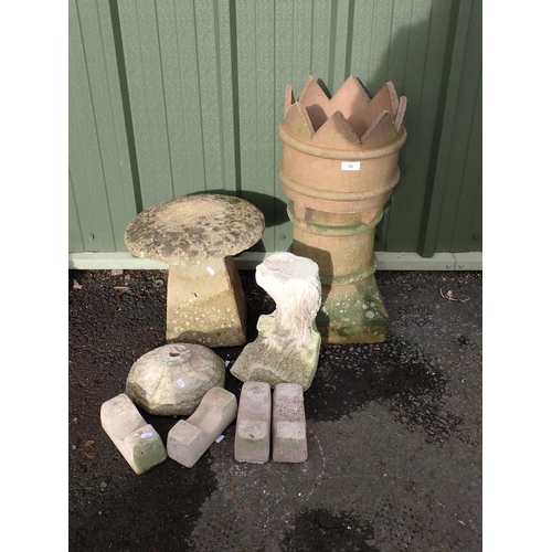 586 - A Staddle Stone (Stamped Wheelers Design?), a Chimney Pot and assorted Planter bases.