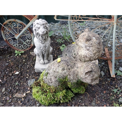 594 - A metal Penny Farthing three tier Plant Stand, two Cat garden Figures and a Lion Figure.