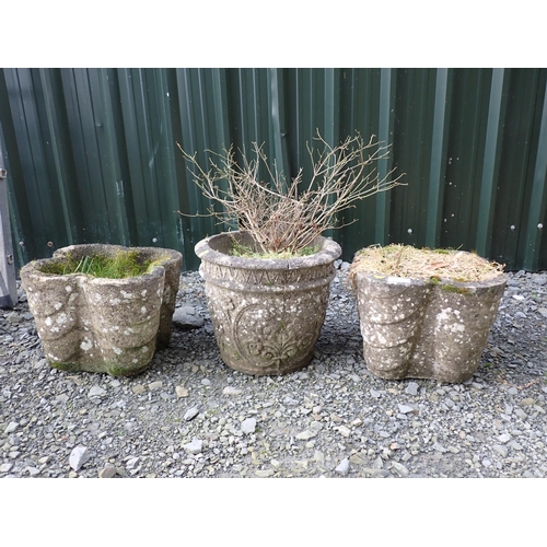 595 - A near pair composite stone  clover shaped Garden Planters, and a circular Garden Pot A/F.