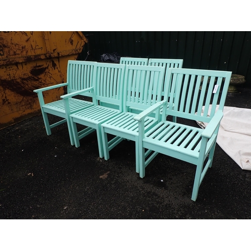 598 - A set of Six pale blue wooden Garden Chairs, two Carvers and four Singles.