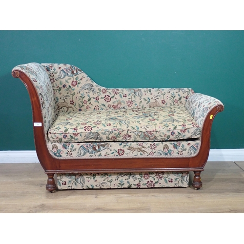 73 - A mahogany framed Chaise Longue with box base and Arabian hunting scene upholstery 4ft 2in W x 2ft 7... 