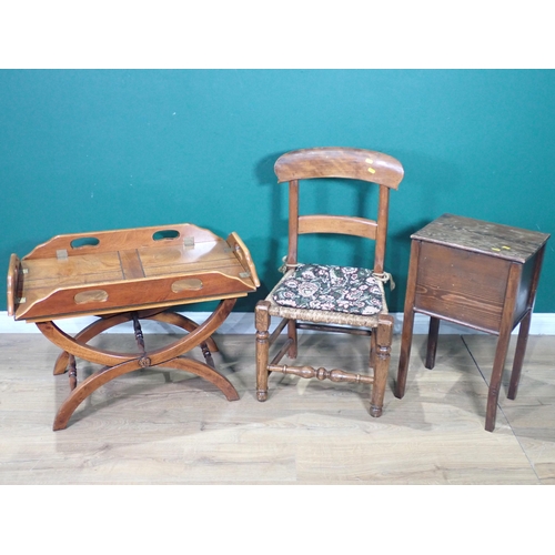 74 - A mahogany Butler's Tray on stand, a rush seated bar-back Chair and an oak Sewing Box