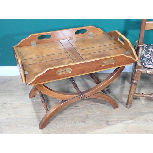 74 - A mahogany Butler's Tray on stand, a rush seated bar-back Chair and an oak Sewing Box