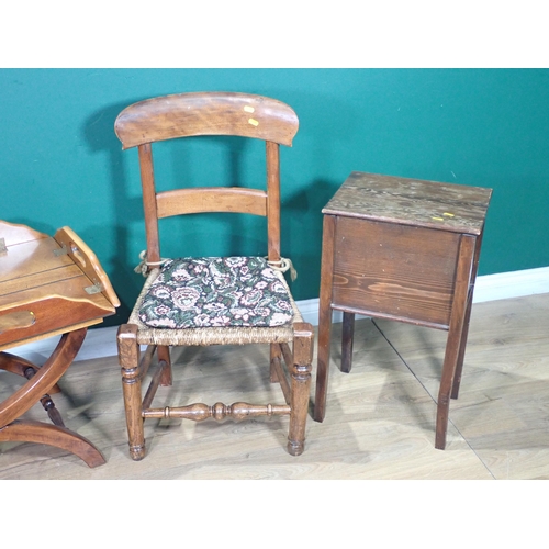 74 - A mahogany Butler's Tray on stand, a rush seated bar-back Chair and an oak Sewing Box