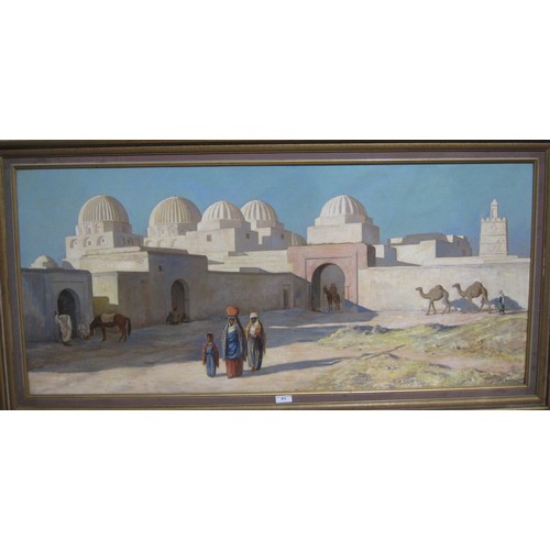 413 - LAMBERT JANSEN. Figures before a town, signed and dated 1933,  inscribed on a label verso 'Kairouan ... 