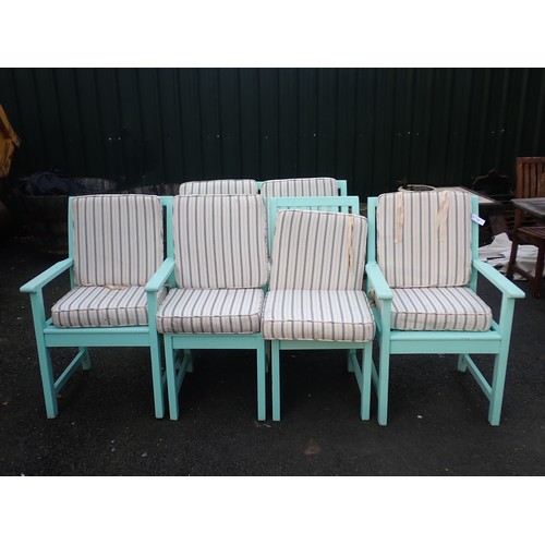 598 - A set of Six pale blue wooden Garden Chairs, two Carvers and four Singles.