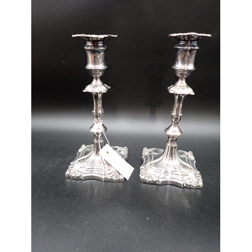 117 - A pair of plated Pillar Candlesticks with knopped stems, engraved dog crests with coronet, 9in, a pl... 