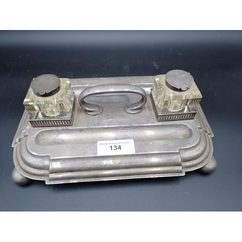 134 - A 20th Century silver Inkstand fitted two square glass inkwells on bun feet, Sheffield hallmarks, a ... 