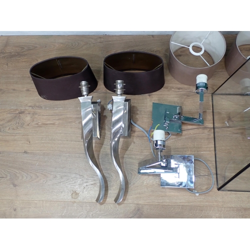 14 - Two pairs of modern chrome Wall Lights with shades and a glass Ceiling Light Fitting