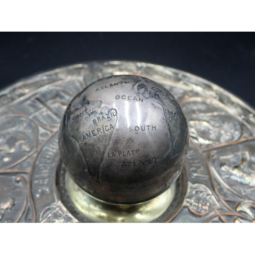 143 - An unusual plated Inkstand with central globe surrounded by figures in various pursuits and numerous... 