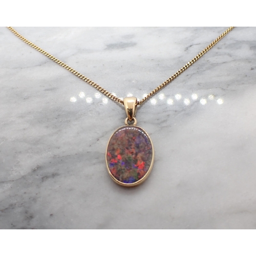 159 - A Boulder Opal Pendant set oval stone on 9ct gold fine chain, approx 5.20gms all in