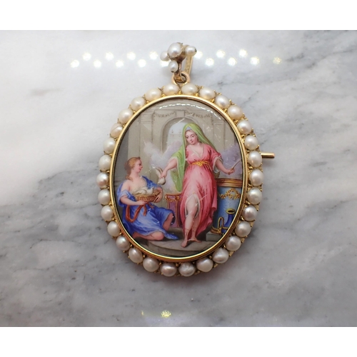 162 - An oval painted Miniature Pendant/Brooch of two maidens with doves on mother of pearl in frame set h... 