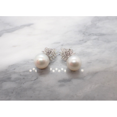 166 - A pair of Diamond and Cultured Pearl Earrings each of spray design claw and pavé-set marquise and br... 