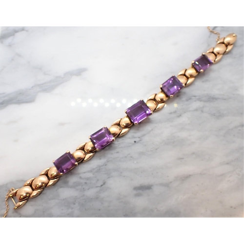 182 - A Continental Amethyst Bracelet corner claw-set five step-cut stones with domes links between in 18c... 