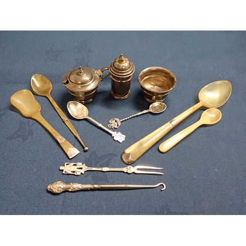 213 - Four horn Spoons, a Button Hook, Pickle Fork, commemorative Spoons and a silver Condiment Set, Birmi... 