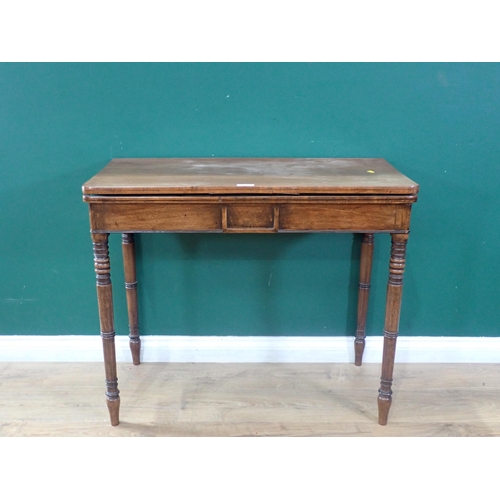 310 - A 19th Century fold over Card Table with green baize, on turned tapering supports A/F, 3ft Wide x 2f... 