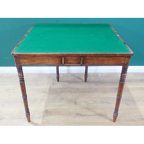 310 - A 19th Century fold over Card Table with green baize, on turned tapering supports A/F, 3ft Wide x 2f... 