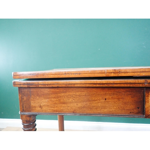 310 - A 19th Century fold over Card Table with green baize, on turned tapering supports A/F, 3ft Wide x 2f... 