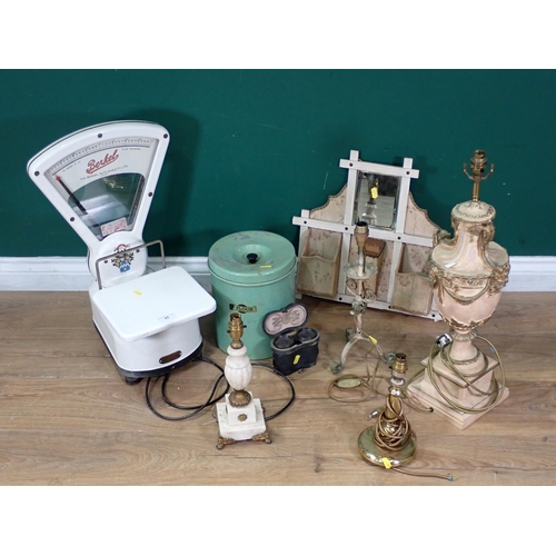 45 - A set of berkel auto scales, mirrored wall pocket, green painted tin flour bin and four assorted lam... 