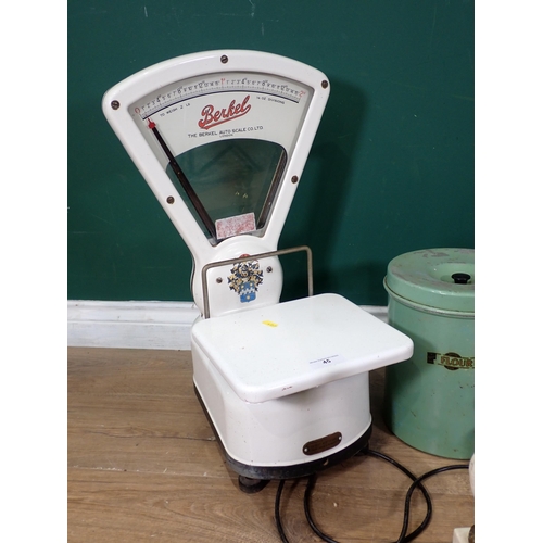 45 - A set of berkel auto scales, mirrored wall pocket, green painted tin flour bin and four assorted lam... 