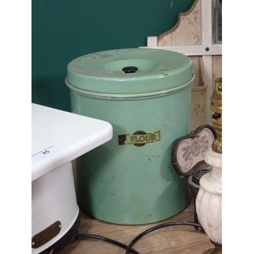 45 - A set of berkel auto scales, mirrored wall pocket, green painted tin flour bin and four assorted lam... 