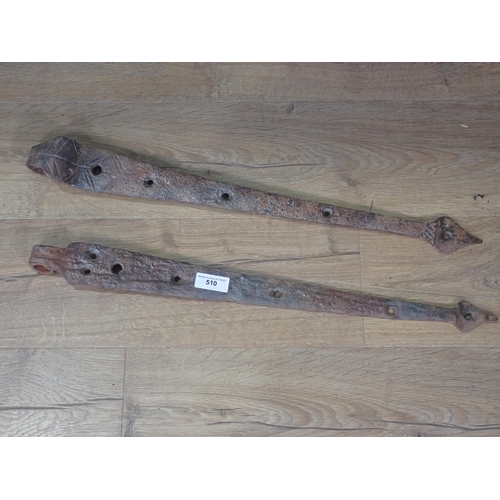 510 - Two Antique strap Door Hinges with partial diamond decoration, 2ft 2