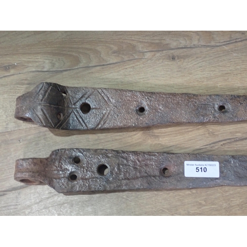 510 - Two Antique strap Door Hinges with partial diamond decoration, 2ft 2