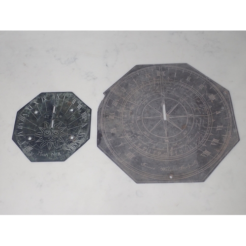 512 - An engraved brass Sundial Face with Roman Numerals and dated 1714 6in W, and a slate Sundial engrave... 