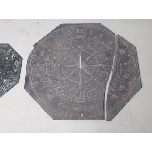 512 - An engraved brass Sundial Face with Roman Numerals and dated 1714 6in W, and a slate Sundial engrave... 