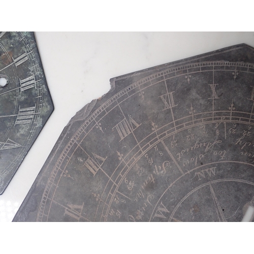 512 - An engraved brass Sundial Face with Roman Numerals and dated 1714 6in W, and a slate Sundial engrave... 