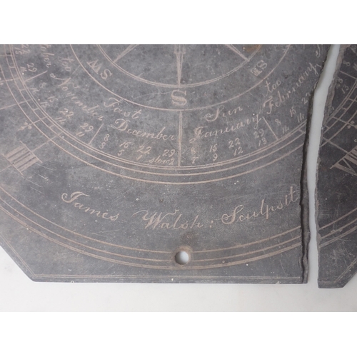 512 - An engraved brass Sundial Face with Roman Numerals and dated 1714 6in W, and a slate Sundial engrave... 