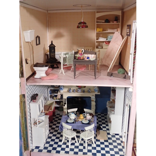 66 - A Georgian style cream painted Doll's House with pull out drawer Garden, fitted with Furniture and D... 