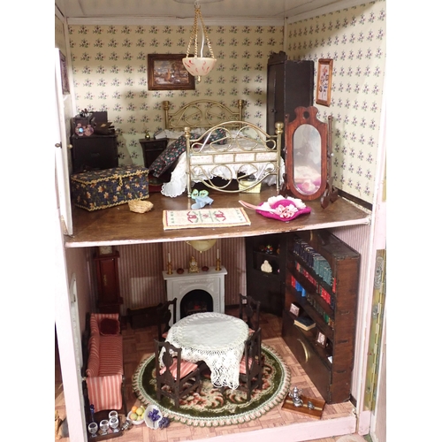 66 - A Georgian style cream painted Doll's House with pull out drawer Garden, fitted with Furniture and D... 