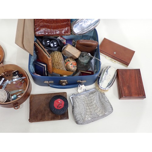 97 - A leather circular Collar Box and Contents, and a case of silver mounted Brushes, leather Wallets an... 